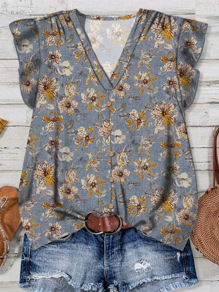 SHEIN LUNE Women's V-Neck Floral Print Casual Blouse, Suitable For Summer,Summer Top - Multicolor - View 1