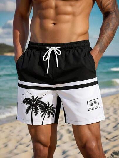 VIVINTIMO Pantalones cortos de playa casuales de verano con cintura elástica, cordón y estampado de color contrastante para hombres