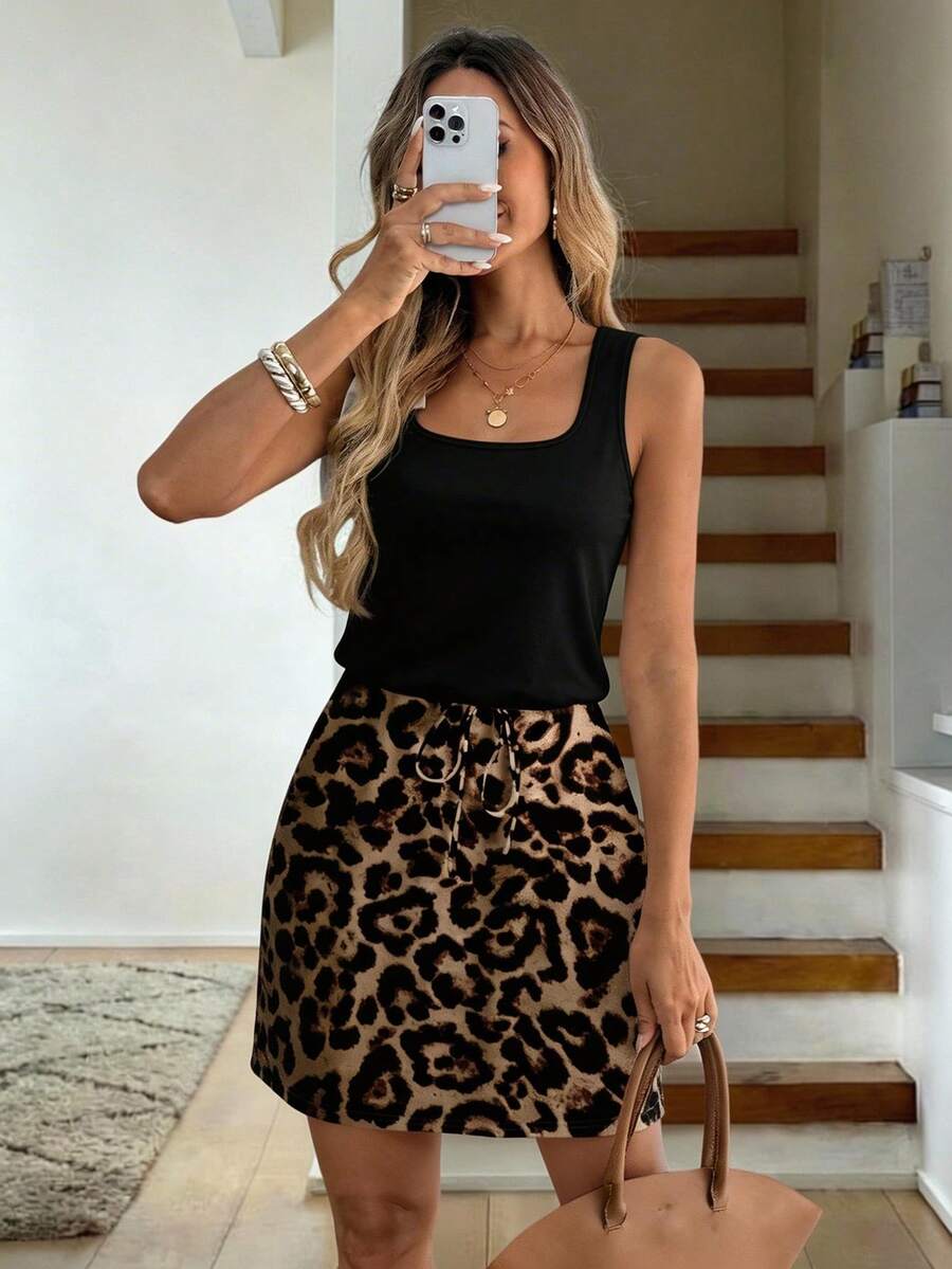 SHEIN LUNE Đầm suông nữ phối màu họa tiết da báo, thích hợp cho mùa xuân/hè, kiểu dáng thanh lịch, thích hợp đi chơi, thường ngày. - Nhiều màu - Xem 1