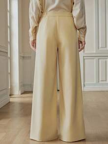 Anewsta New Modern Casual Light Yellow Patch Pocket Wide Leg Elegant Office Commute Versatile Women Suit Pants - Light Yellow - View 2