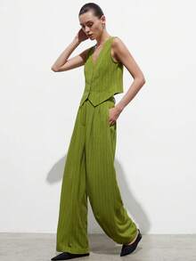 Aveloria Modichic 2pcs Set: Linen Striped Casual Vest Top & Loose Wide Leg Pants, Commuting Versatile - Green - View 6
