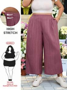 SHEIN CURVE+ 大码女式休闲宽松舒适透气日常百搭弹力腰阔腿七分裤，飘逸长裤，简约风格，欧式夏季，七分裤，度假风 - 紫色 - 查看 1