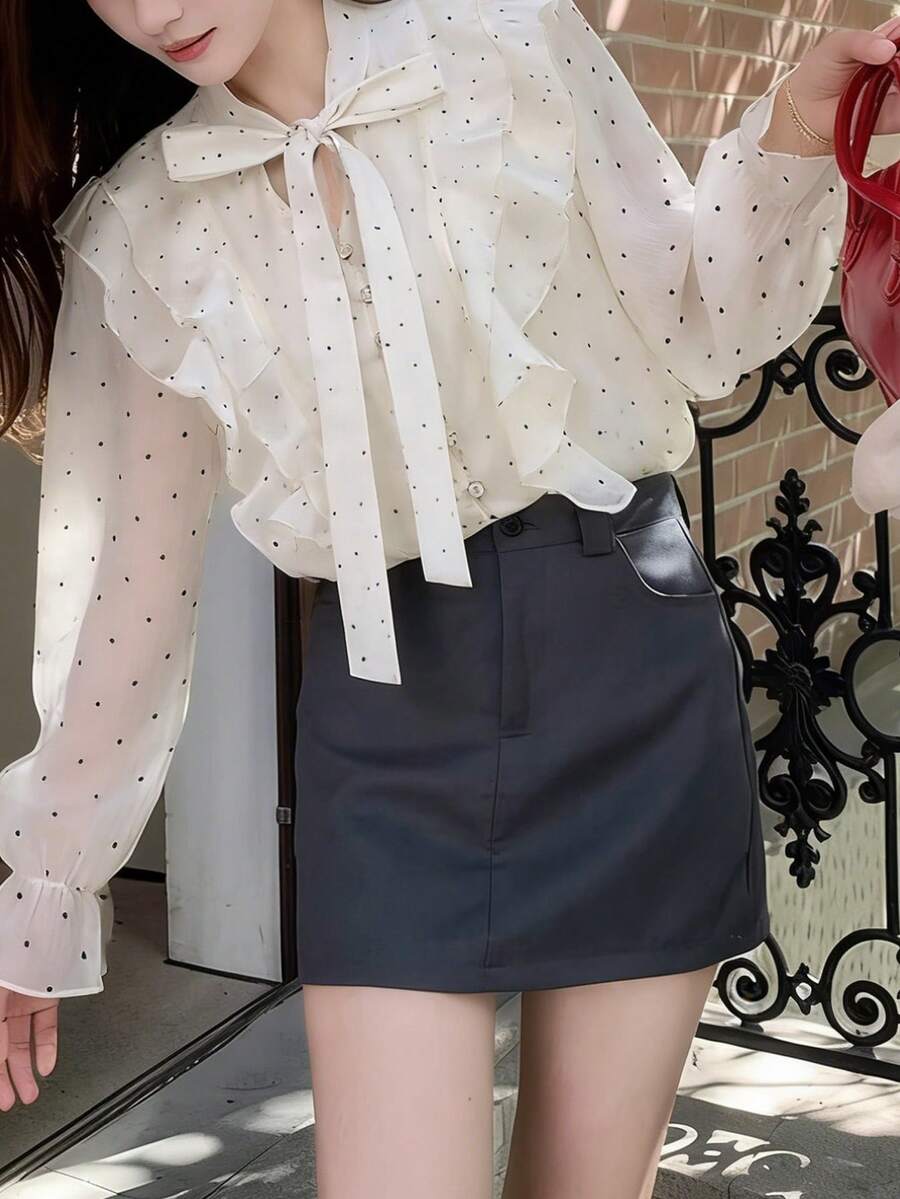 FRIFUL 女士休闲波点印花打结领荷叶边下摆衬衫,秋夏季 - 杏色 - 查看 1