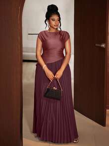 Maweii Plus Size Women Elegant Solid Color Pleated Round Neck Sleeveless Dress - Champagne - View 5