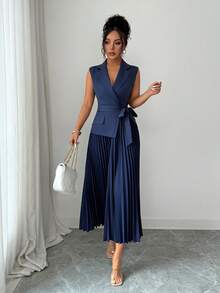 Elenzga Áo blazer không tay cổ bẻ, eo xếp ly, kiểu dáng thường ngày, thanh lịch, thích hợp cho công sở, đi chơi, lễ hội năm 2026, trang phục đi biển tối giản, lãng mạn, đầm hè màu xanh navy, đầm hè thường ngày cho sinh viên, tiệc tùng, đầm dạ hội sang trọng dành cho nữ, đầm dự tiệc thanh lịch. - Màu xanh hải quân - Xem 6