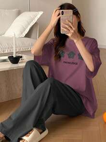 DAZY 2pcs Women Casual Star Print Loose Fit Short Sleeve Top And Pants Pajama Set - Purple - View 4