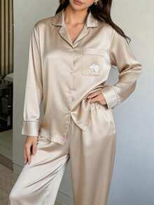 DAZY Satin Printed Decorative Women Pajama Set, Winter Clothes - Khaki - View 4
