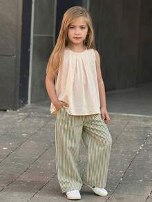 Dazy Kids 2pcs Tween Girl Crew Neck Sleeveless Top And Striped Woven Long Pants Set, Summer Vacation - Apricot - View 4