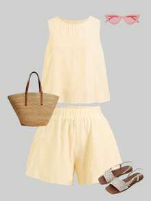 SHEIN Tween Girls Blue And White Stripe,Summer,Cute,Vacation Butterfly Back Tank Top & Shorts Co-Ord Set,2 Piece Textured Fabric Yk2k Youth Kids Outfits - Yellow - View 2