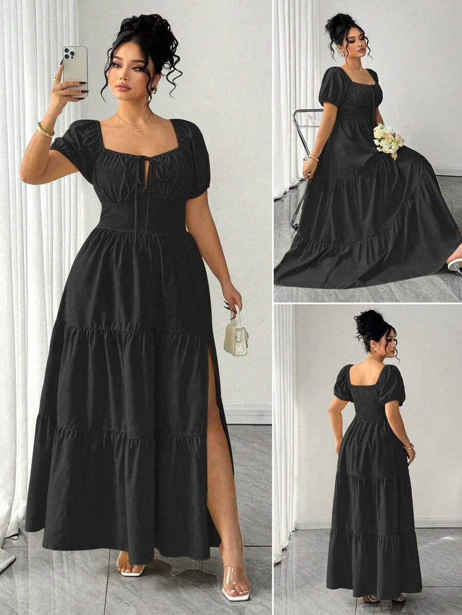 Elenzga Plus Size Women's Puff Sleeve Ruched Waist Flared Hem Split Hem Elegant Dress - Black - View 1