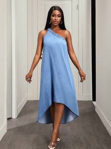 Slaydiva Casual Asymmetric Hem Sleeveless Denim Dress For Women - Blue - View 8