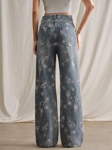 Anewsta Women's Casual Butterfly Embroidered Loose Slimming Slant Pocket Jeans - Blue - View 5