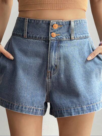 Livesso Quần short denim nữ kiểu vintage, chất liệu denim mài, có cúc cài, dáng suông thoải mái, thích hợp cho mùa xuân và mùa hè đi biển/nghỉ mát.