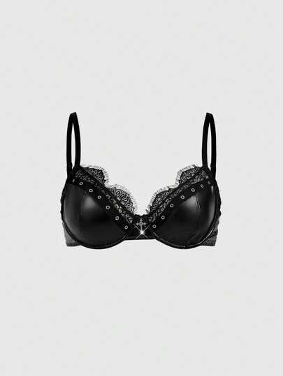 ROMWE Grunge Punk Áo ngực cỡ lớn kiểu Punk tối màu bằng da PU với mặt dây chuyền hình mắt gà và hình chữ thập, có gọng và không gọng.