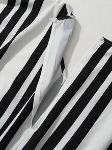 Breezaya Bộ jumpsuit không tay cổ chữ V kẻ sọc phong cách retro dành cho nữ, kiểu dáng thanh lịch cho kỳ nghỉ. - Đen và trắng - Xem 5