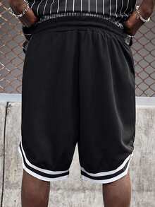 EVRINFINITE 男士数字印花抽绳腰部宽松休闲篮球短裤 - 黑色 - 查看 2