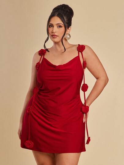 SHEIN BAE Vestido mini con pliegues en 3D con rosas para mujer talla grande, vestido elegante y sexy para graduación, primavera/verano