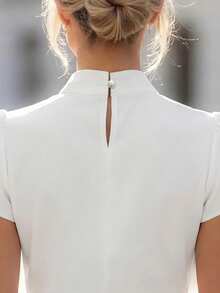 Balvessa New Arrival Spring/Summer Ruched Stand Collar Short Puff Sleeve Minimalist Solid Color Versatile Design Blouse For Women - White - View 5