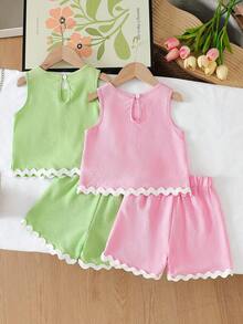 Elladie kids 两件套少女夏季休闲度假撞色波浪吊带上衣和短裤套装 - 彩色 - 查看 2