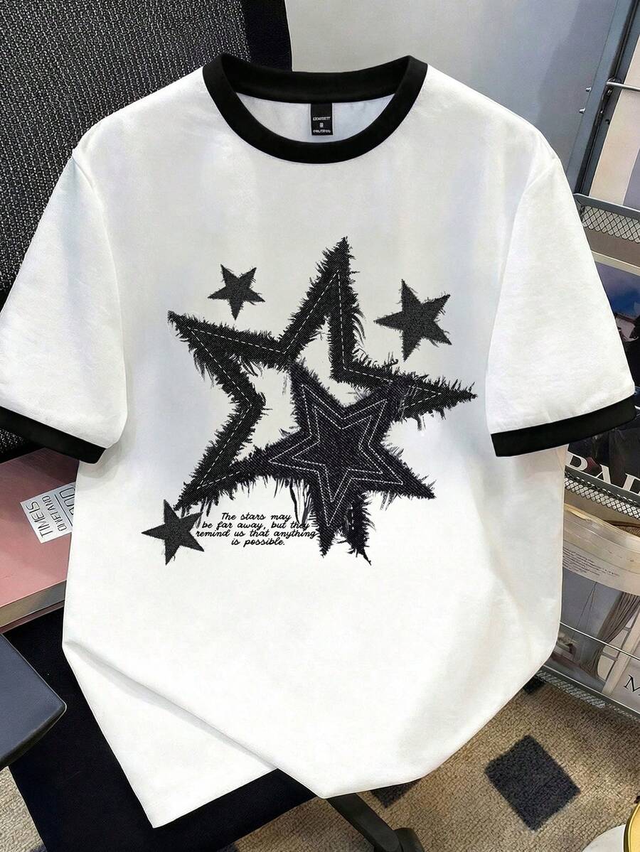 Manfinity Joysei Men's Contrast Color Patchwork Star & Slogan Print T-Shirt - Black and White - View 1