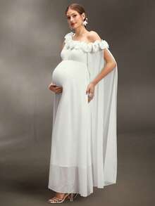 Cheriluna Maternity 纯色宽松孕妇连衣裙，饰有3D立体花朵图案，侧边开衩，适合孕妇写真拍摄。 - 白色 - 查看 7