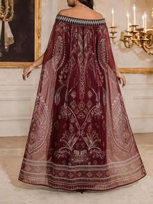 EMERY ROSE Plus Size Women's Off-Shoulder Floral Print Elastic Waist Loose Kaftan Maxi Dress,Navy Summer Boho Vacation Holiday Mediterranean Greece Outfits - Burgundy - View 2
