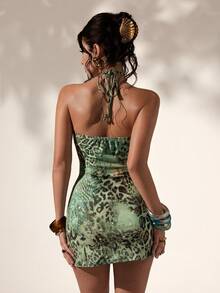 Optris Đầm ngắn dáng chữ A cổ chữ V hở lưng, xẻ tà, họa tiết da báo xanh lá cây, gợi cảm cho kỳ nghỉ hè, đi biển, dự tiệc, phong cách retro thường ngày đa năng. - Màu xanh Ô liu - Xem 2