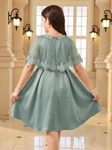 Tween Girl Contrast Lace Faux Pearl Decor Fashion Dress - Green - View 2