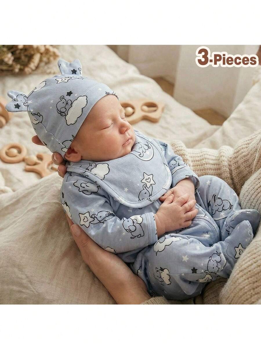 Newborn Baby Girl 3-Piece Set: Cartoon Elephant Print Knit Soft Crew Neck Long Sleeve Jumpsuit And Hat Newborn Pajama Set 3-Piece Infant Outfit Newborn Layette Set Newborn Baby Boy Clothes Set 3 Pack Infant Outfit Newborn Set,Kids - Multicolor - View 1