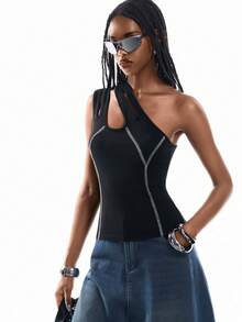 Airlisse New Asymmetrical Shoulder Fitted Women Top, Spring/Summer - Black - View 3