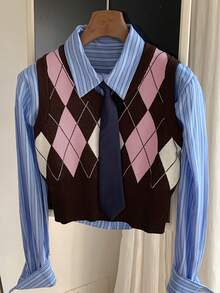 Comfortcana Áo len chui đầu cổ chữ V họa tiết Argyle dáng rộng, kiểu dáng thường ngày. - Nhiều màu - Xem 5