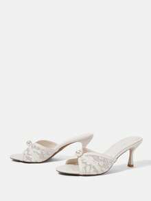 CUCCOO HITCHD Giày sandal cao gót mũi tròn màu be ren đính ngọc trai mới cho nữ mùa xuân và hè, thời trang, thoải mái, đa năng, gợi cảm, thích hợp cho tiệc tùng, đám cưới. - ~ Lưới hoa gạo trắng - Xem 3