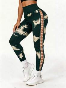 High Performance Tie Dye Leggings With Lace - For Yoga And Workout - 墨綠色 - 查看 2