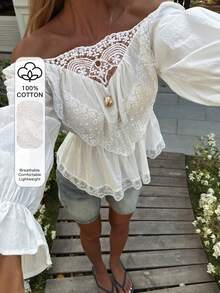 DAZY Cotton Lace Patchwork Waist Vacation Shirt, Suitable For Beach Party, Holiday, Easter, Spring & Summer - White - View 1