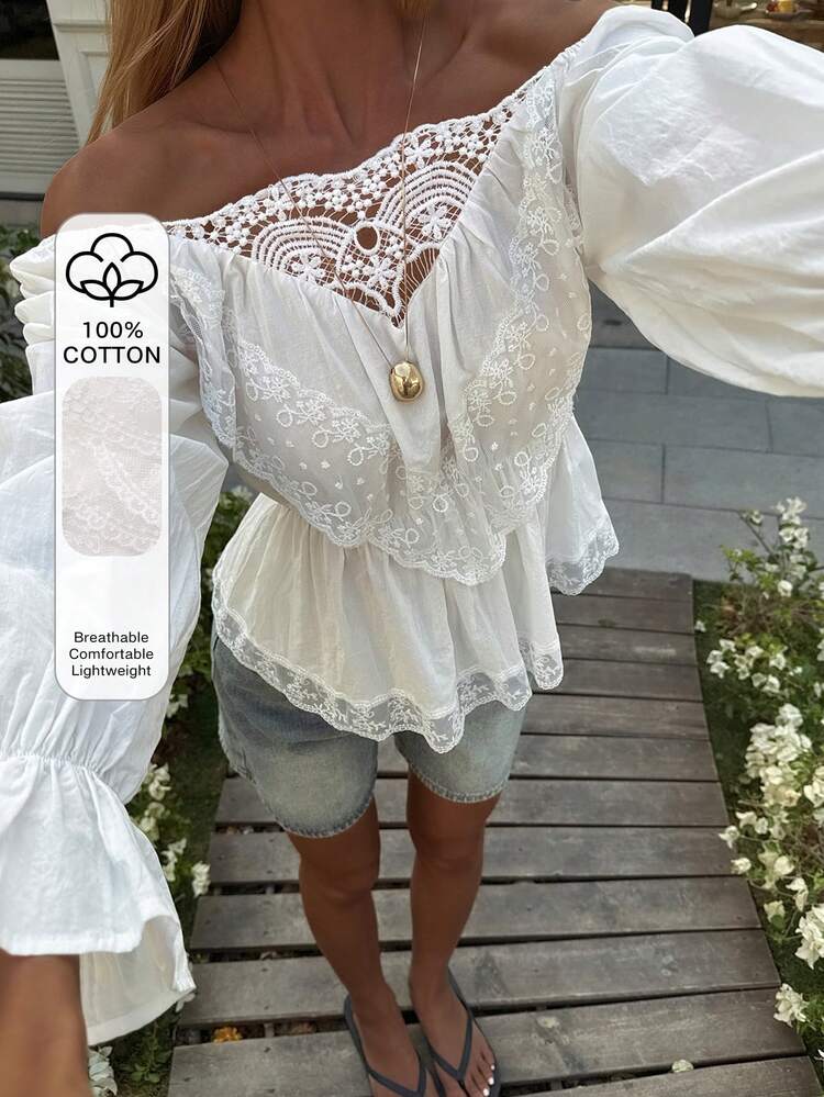 Cotton Lace Patchwork Waist Vacation Shirt, Suitable For Beach Party, Holiday, Easter, Spring & Summer