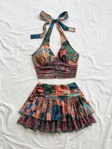 Soleia New Arrival Thank You Holiday Knit Print Halter Crop Top And Pleated Mini Skirt 2 Pieces Set,Summer Sets - Multicolor - View 5