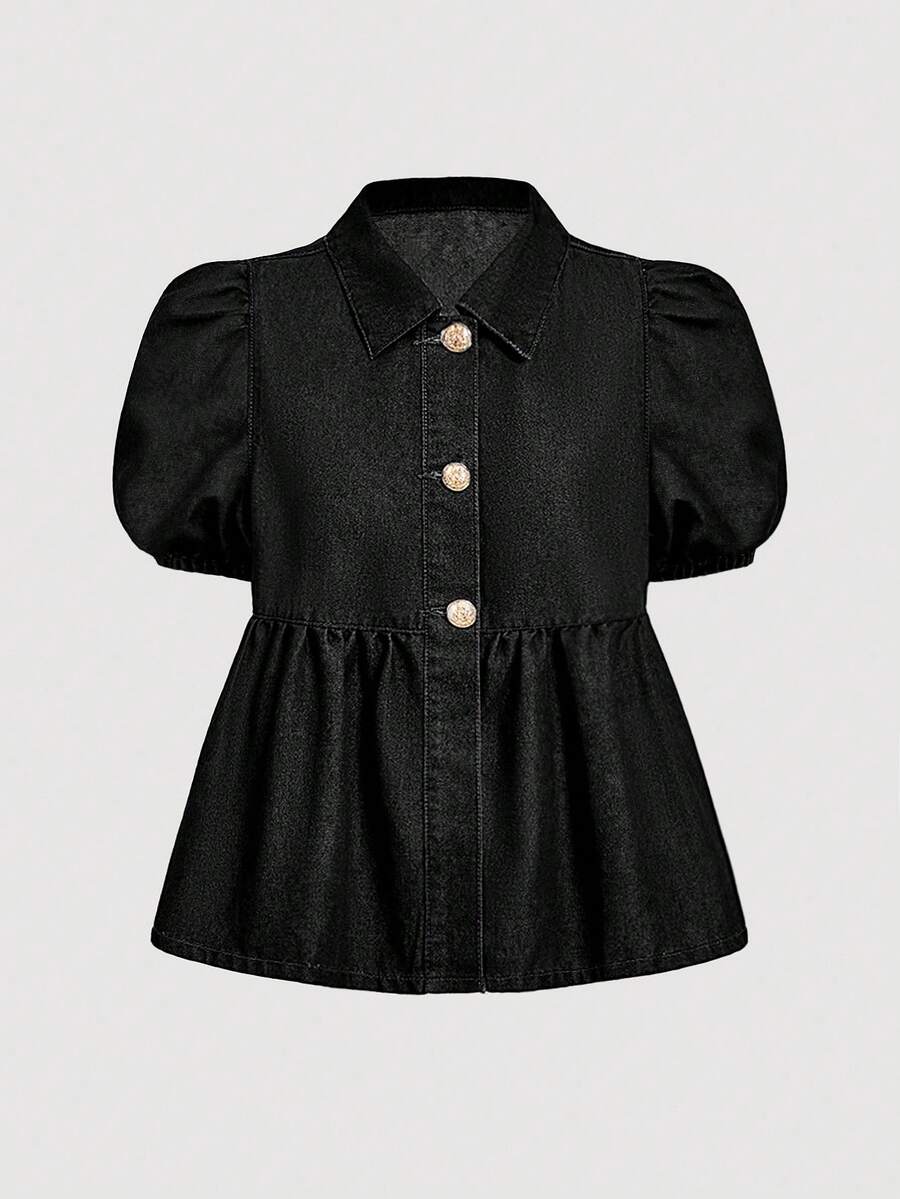 SHEIN MOD Áo sơ mi denim tay ngắn dáng ôm thoải mái dành cho nữ, màu xanh dương - màu đen - Xem 1