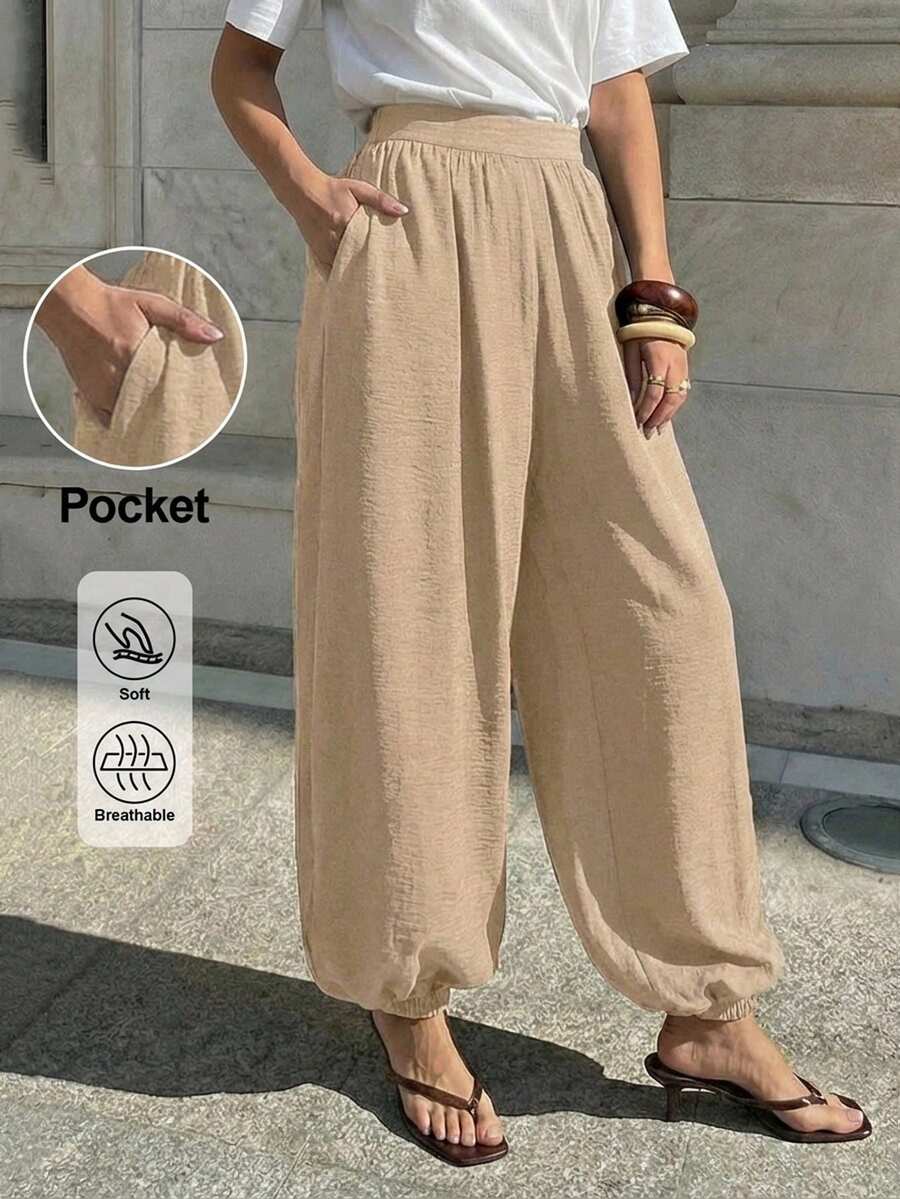 Lavishia Women's Casual Balloon Pants, Comfortable & Versatile Coffee Color Long Pants, Spring/Summer - Khaki - View 1