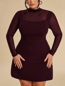 SHEIN BAE Robe midi déchirée à manches longues en maille sexy et patchwork pour femmes de grande taille, robe mini élégante en maille bordeaux avec dos découpé pour femmes, robe moulante de soirée à col montant et manches longues en maille transparente avec détail de dos découpé en bordeaux, parfaite pour les fêtes, robe mini sophistiquée en bordeaux pour femmes avec manches longues transparentes, col montant et design de dos découpé à la mode - Lie de vin - Voir 5