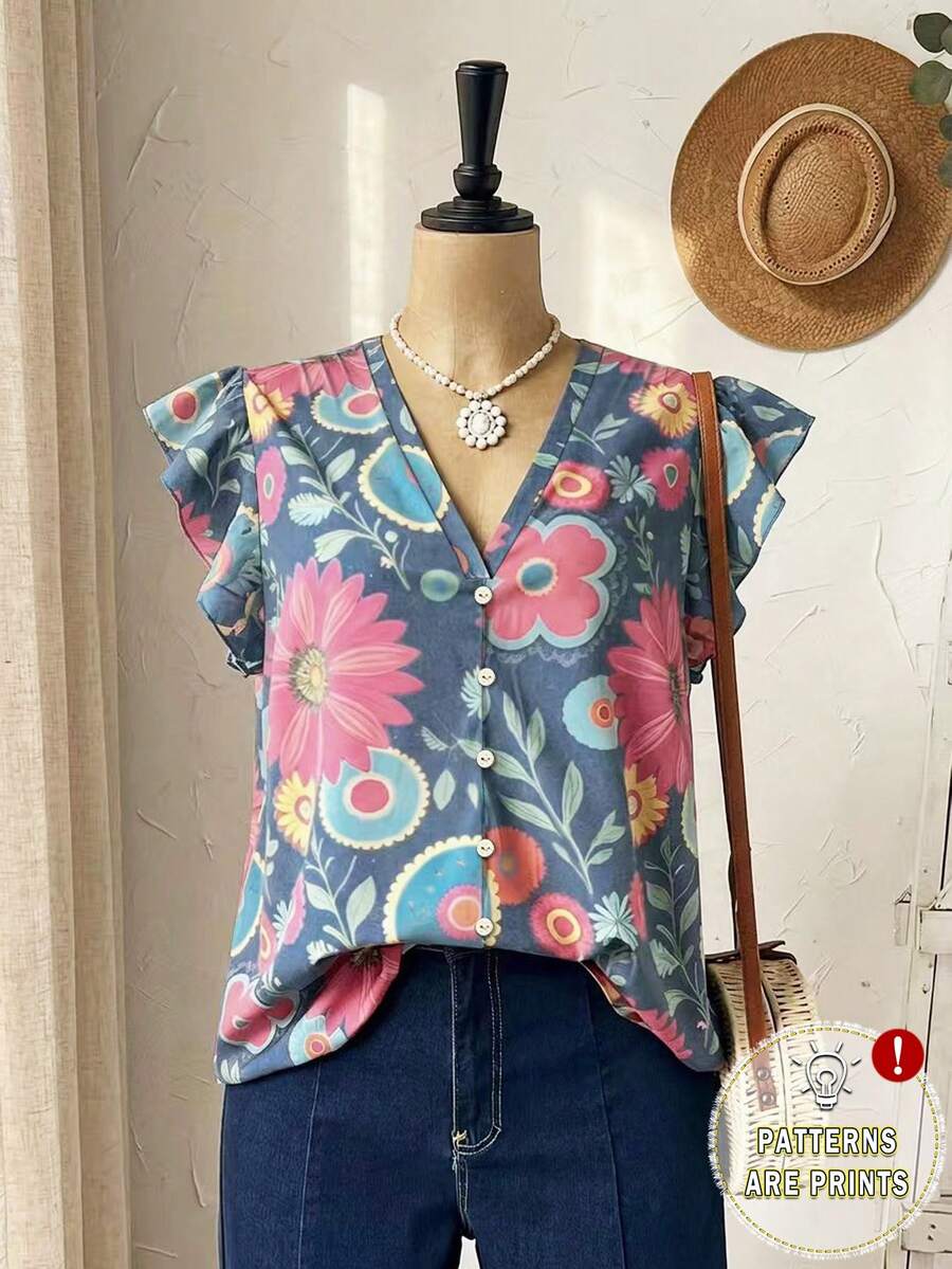 Mellowie Áo kiểu nữ cỡ lớn cổ chữ V in hoa, thích hợp cho những buổi đi chơi mùa hè. Áo kiểu nữ mùa hè, áo kiểu vintage, áo kiểu nữ hiện đại, áo kiểu mới nhất, áo hoa cho nữ, áo nữ mùa hè. - Nhiều màu - Xem 1