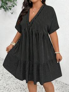 SHEIN Frenchy 大码休闲条纹蝙蝠袖连衣裙 - 彩色 - 查看 3