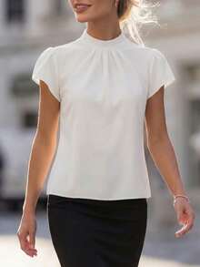 Balvessa New Arrival Spring/Summer Ruched Stand Collar Short Puff Sleeve Minimalist Solid Color Versatile Design Blouse For Women - White - View 6