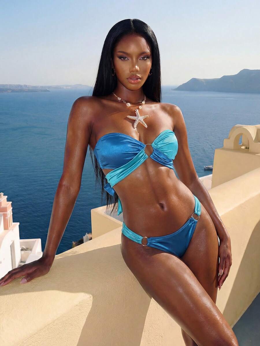 Vaytide Summer Beach Two Tone Bikini Set O-Ring Detail Bandeau Wireless Bra Top & Cheeky Bikini Bottom 2 Piece Bathing Suit - Blue - View 1