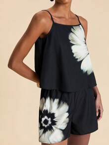 Travachic Women's Chiffon Printed Vest & Shorts 2 Pieces Set, Spring/Summer Vacation - Black and White - View 6