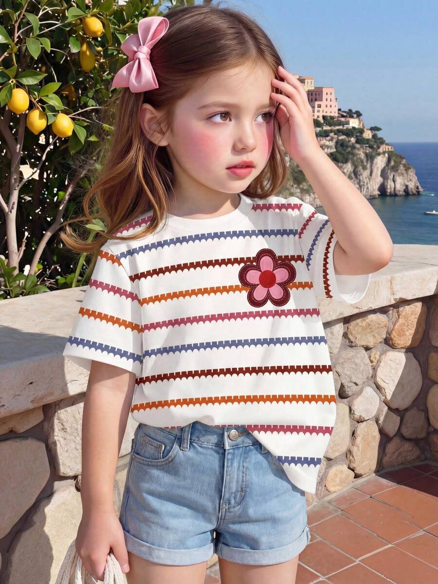 SHEIN 1 set T-shirt à manches courtes décontracté, confortable, mode, frais et mignon avec imprimé rayé et floral. Convient pour le port quotidien au printemps/été et les hauts - Multicolore - Voir 1