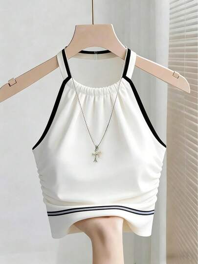 Franclia 女士性感吊带露脐短款上衣，褶皱无袖休闲露脐吊带衫，白色夏季上衣