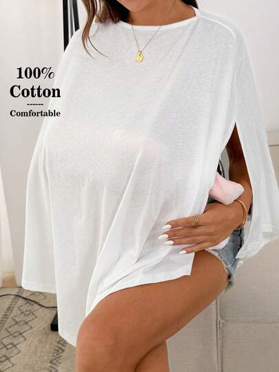 SHEIN 孕妇夏季休闲宽松不对称下摆开衩T恤