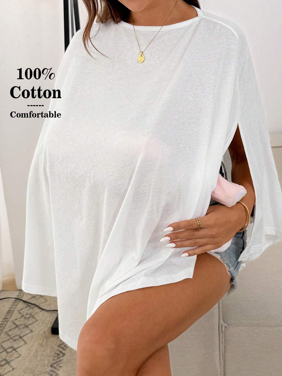 Slowluna Áo thun bầu mùa hè dáng rộng, bất đối xứng, xẻ tà - trắng - Xem 1