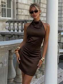 Aloruh 女士优雅性感系带露背缎面迷你连衣裙，女士派对及鸡尾酒会礼服 - 棕色 - 查看 3