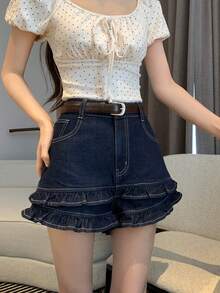DAZY Women's Retro Korean Style Sweet Ruffle Trim Denim Shorts - Blue - View 6